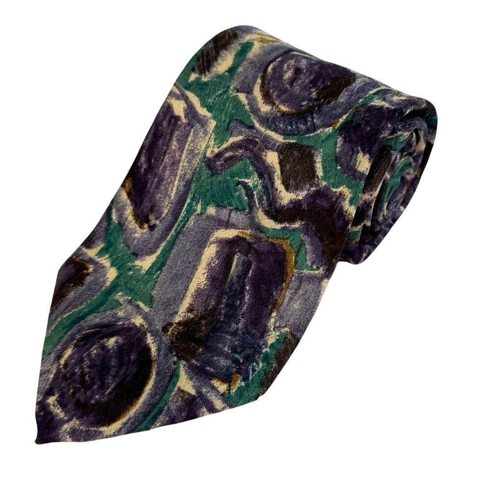 The Custom Shop Silk Tie Abstract Pattern Pointed Purple Green Mens One Size